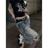 Women's Distressed Washed Denim Capris Loose Wide-Leg Ripped Mid-Length Jeans