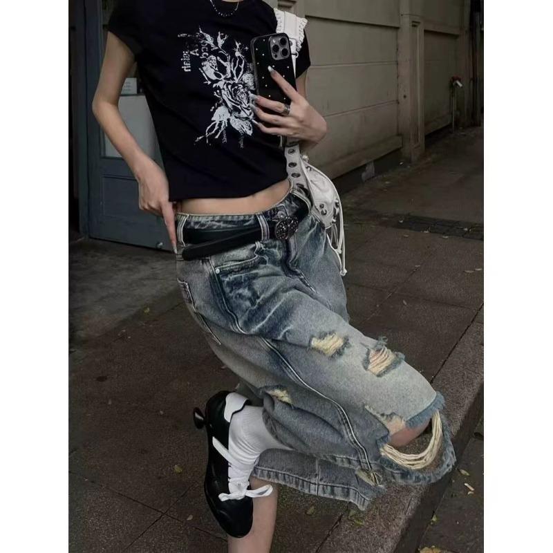 Women's Distressed Washed Denim Capris Loose Wide-Leg Ripped Mid-Length Jeans