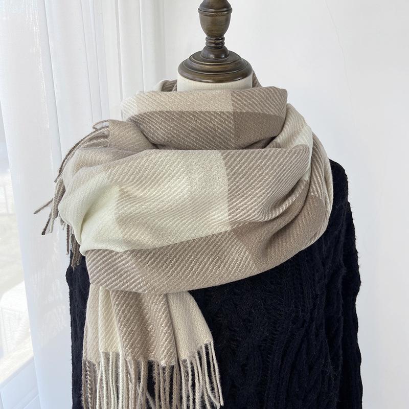 Geometric Plaid Scarf - Windproof Warm Winter Scarf with Fringe Edges, Unisex Elegant Casual Scarf for Women Fall Winter Fashion Accessory