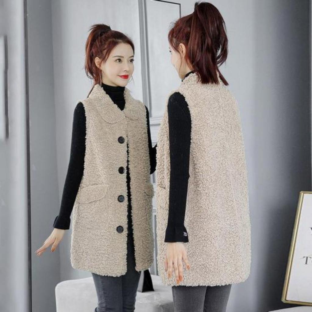 Fall Winter Women Vest Coat Lapel Sleeveless Solid Color Single-breasted Pockets Fleece Cardigan Mid Length Thick Warm Soft Loose Lady Waistcoat