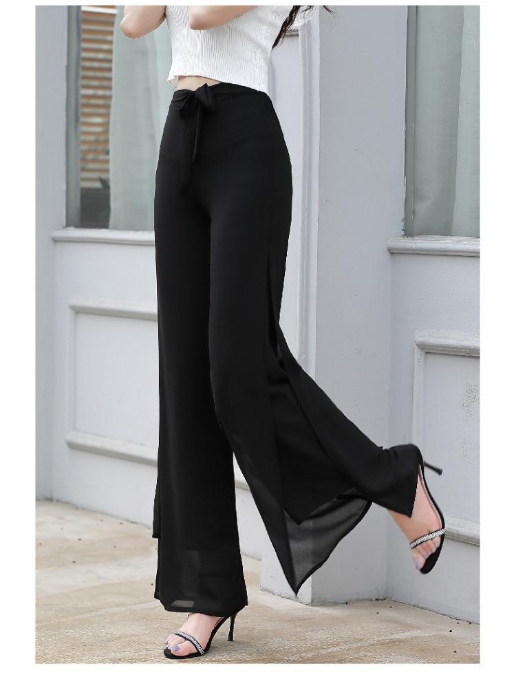 

Шифоновые брюки с широкими штанинами женские летние с высокой талией брюки-юбка с разрезом драпированные брюки с эффектом ниспадания развевающиеся свободные двухслойные брюки 3XL