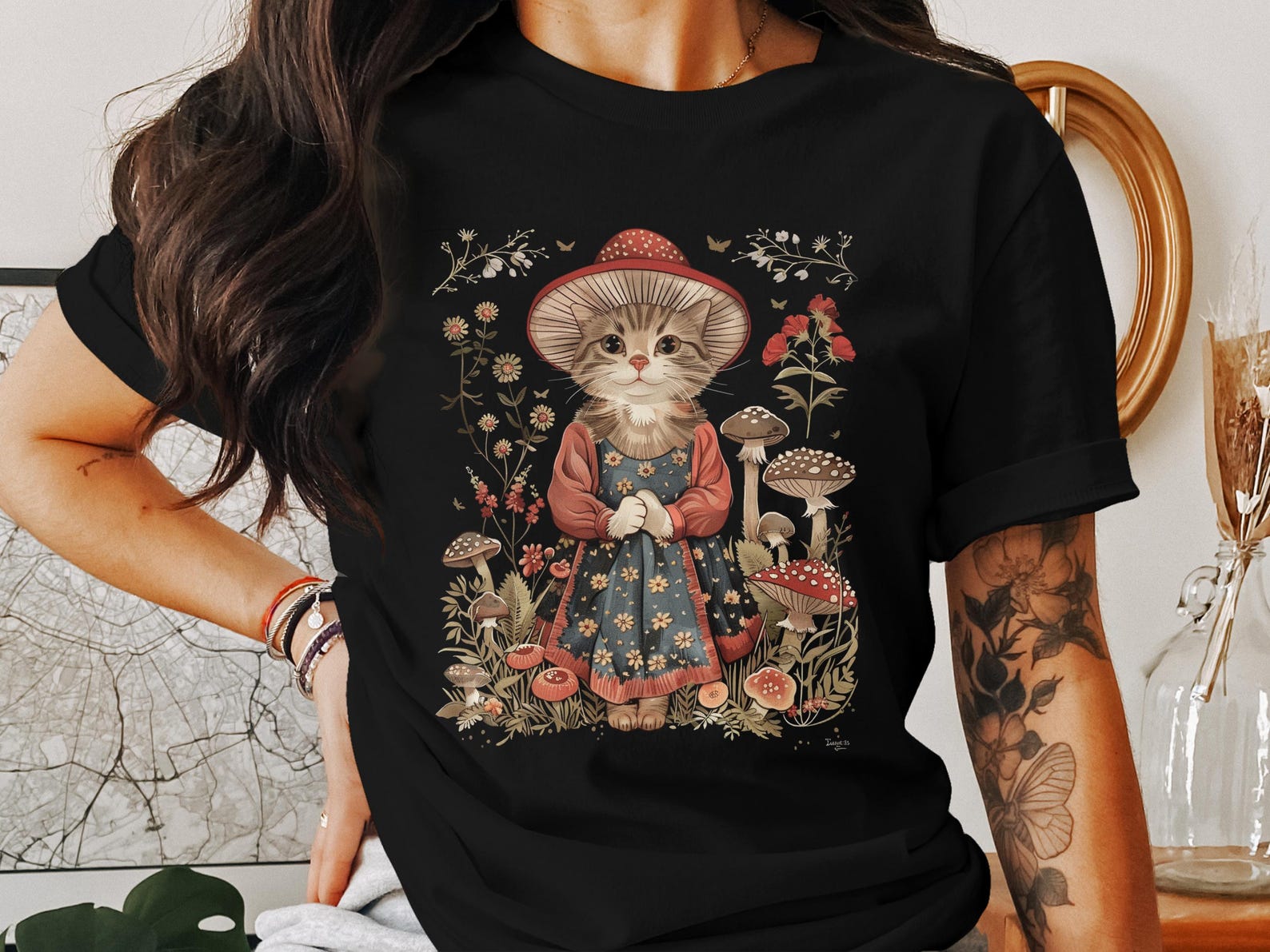 Adorable Cottagecore Cat T-shirt, Whimsical Feline Art Clothing, Cat in Floral Dress Shirt, Quaint Mushroom Garden Top S