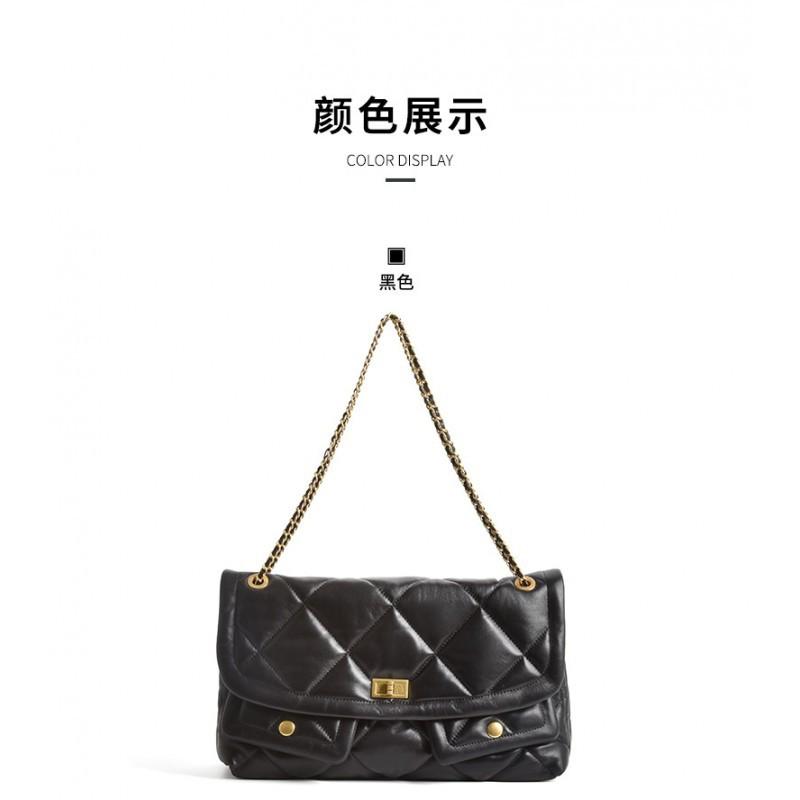 Xiaoxiang Layer Cowhide Grid High-end Chain Bag Women's Doubles Pocket Large Capacity Versatile Single Shoulder Tote