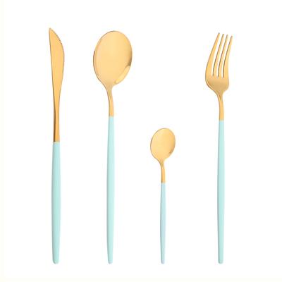 4 Piece Western Cutlery Set Mint Gold Tableware Set Stainless Steel Dinnerware Dinner Spoons Fork Knife Set Complete Flatware