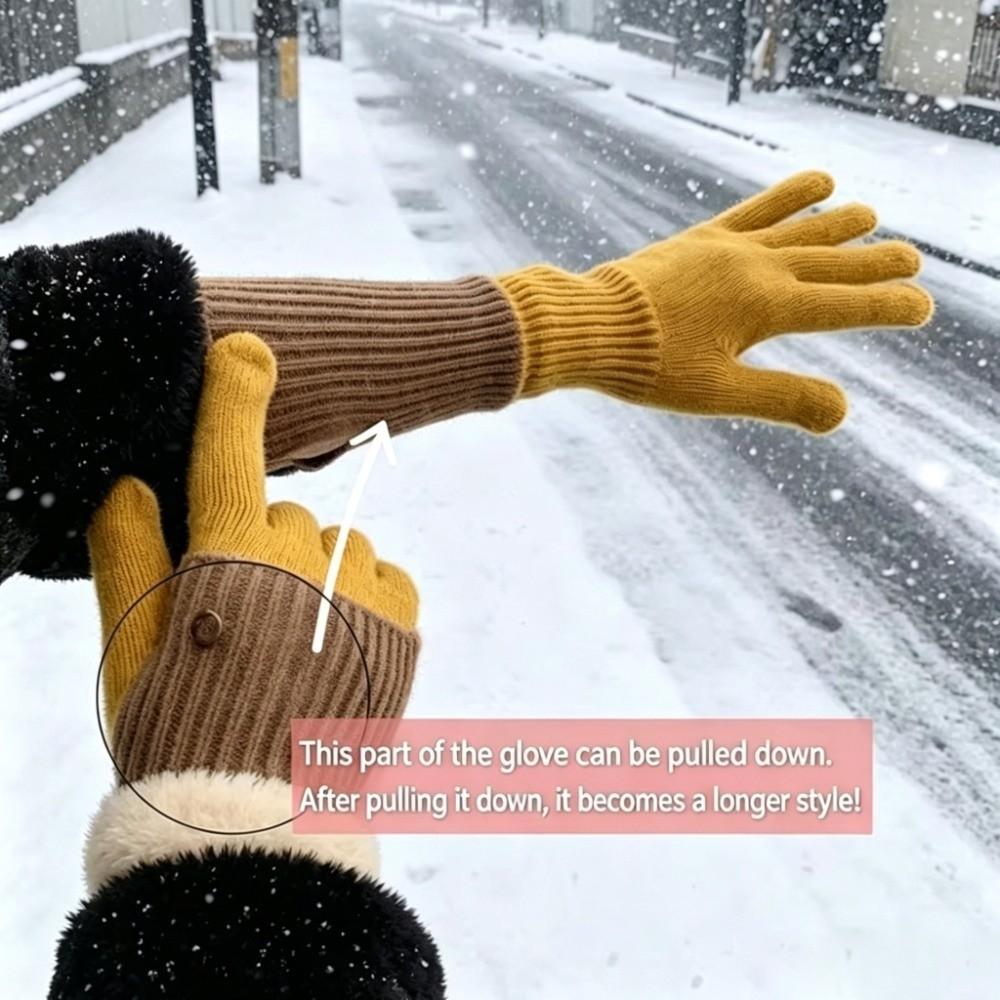 Patchwork Design Knit Gloves Maillard Earth Tone Open Finger Gloves for Students