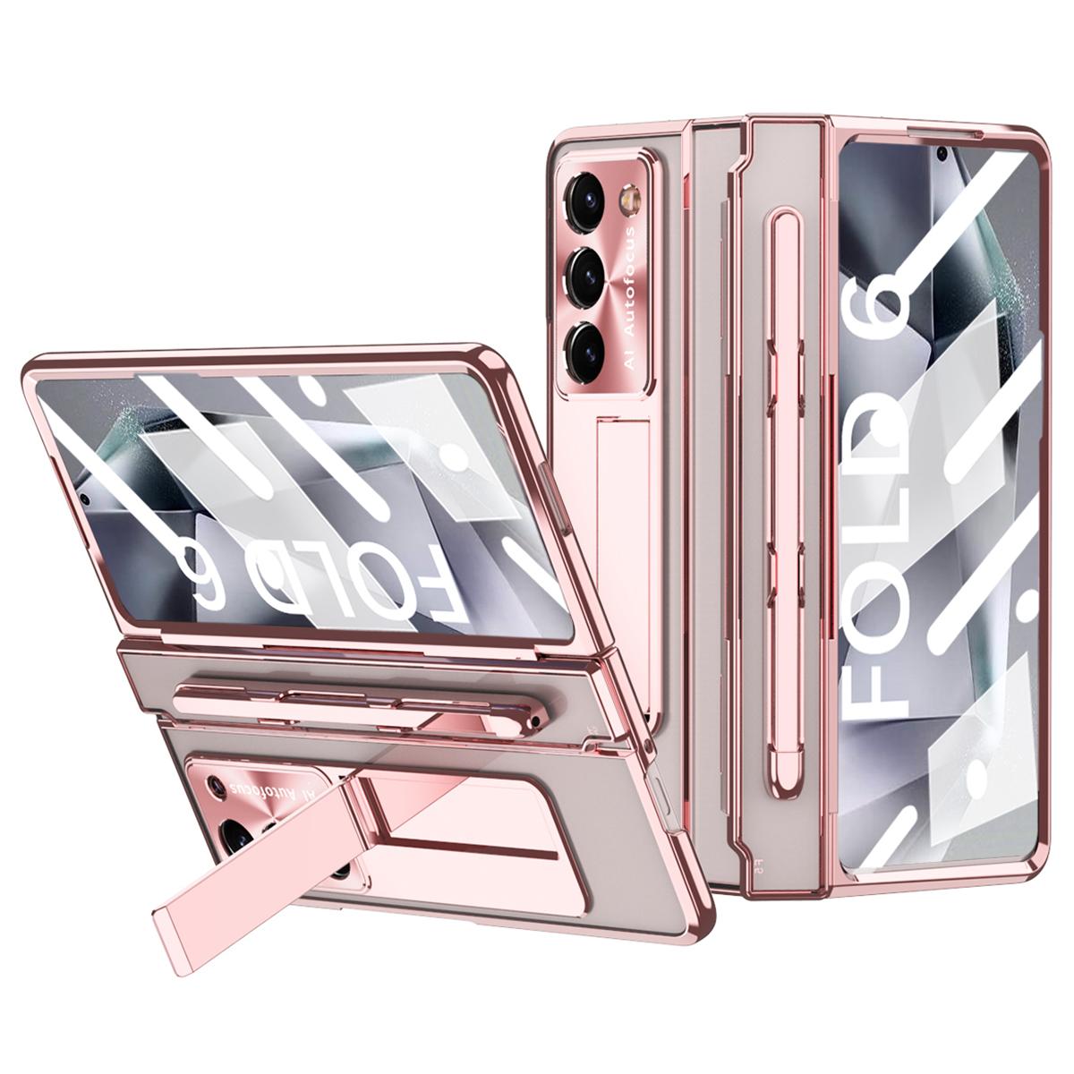 

For Samsung Galaxy Z Fold6 5G Kickstand Phone Case PC Folding Cover with Tempered Glass Film+Stylus Pen Rose Gold