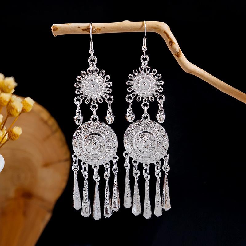 Ethnic Style Imitation Miao Silver Earrings, Colorful Long Fringed Chain Earrings, Hot-selling Earrings In Scenic Spots, Qinghe Jewelry Batches