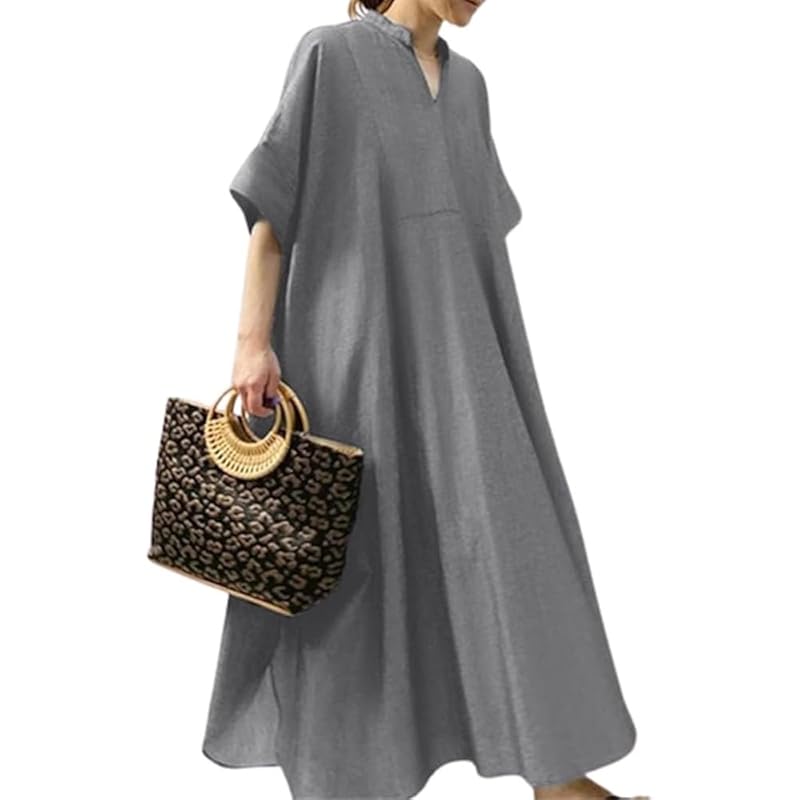 

[Signifie] one piece ladies short sleeve Relaxing natural V-neck large size summer body shape cover long dress A-line light Room wear GYM