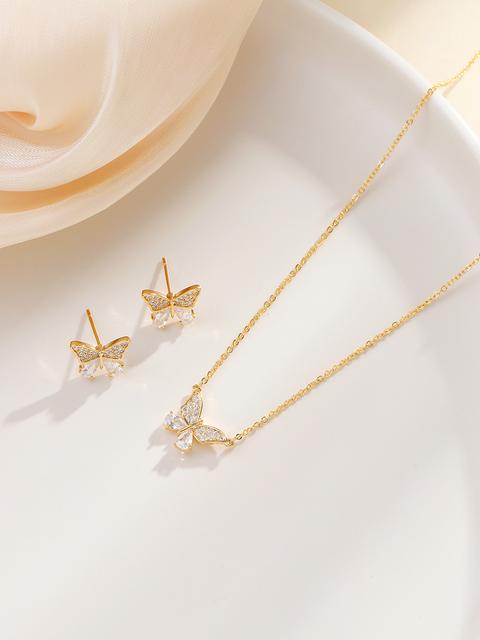 

Позолоченные комплекты ювелирных изделий для женщин Серьги Ожерелье Цирконий Паве Ключица Цепочка Бабочка Подвеска Серьги-гвоздики Подарки на день рождения для девочек 45cm