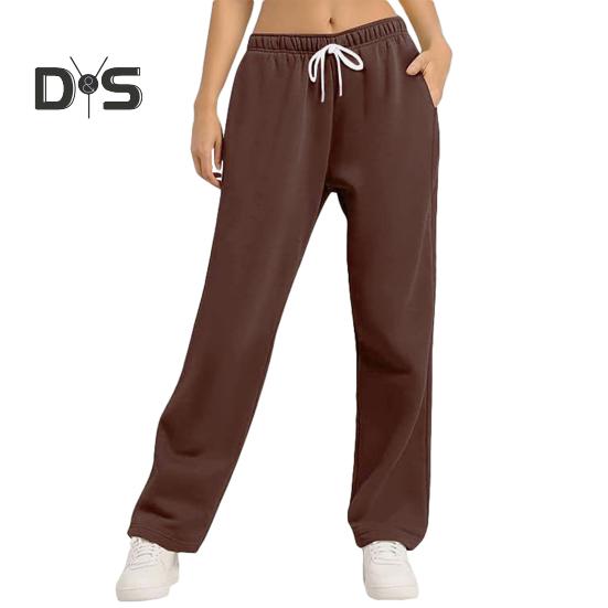 Women Pants Mid-rise Elastic Waist Adjustable Drawstring Long Trousers Solid Color Straight Wide Leg Autumn Winter Sport Trousers