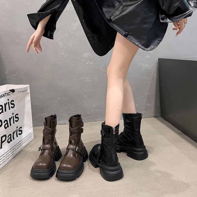 Brown casual and thin British style platform Martin boots women's 2025 autumn new small round head thick heel short boots
