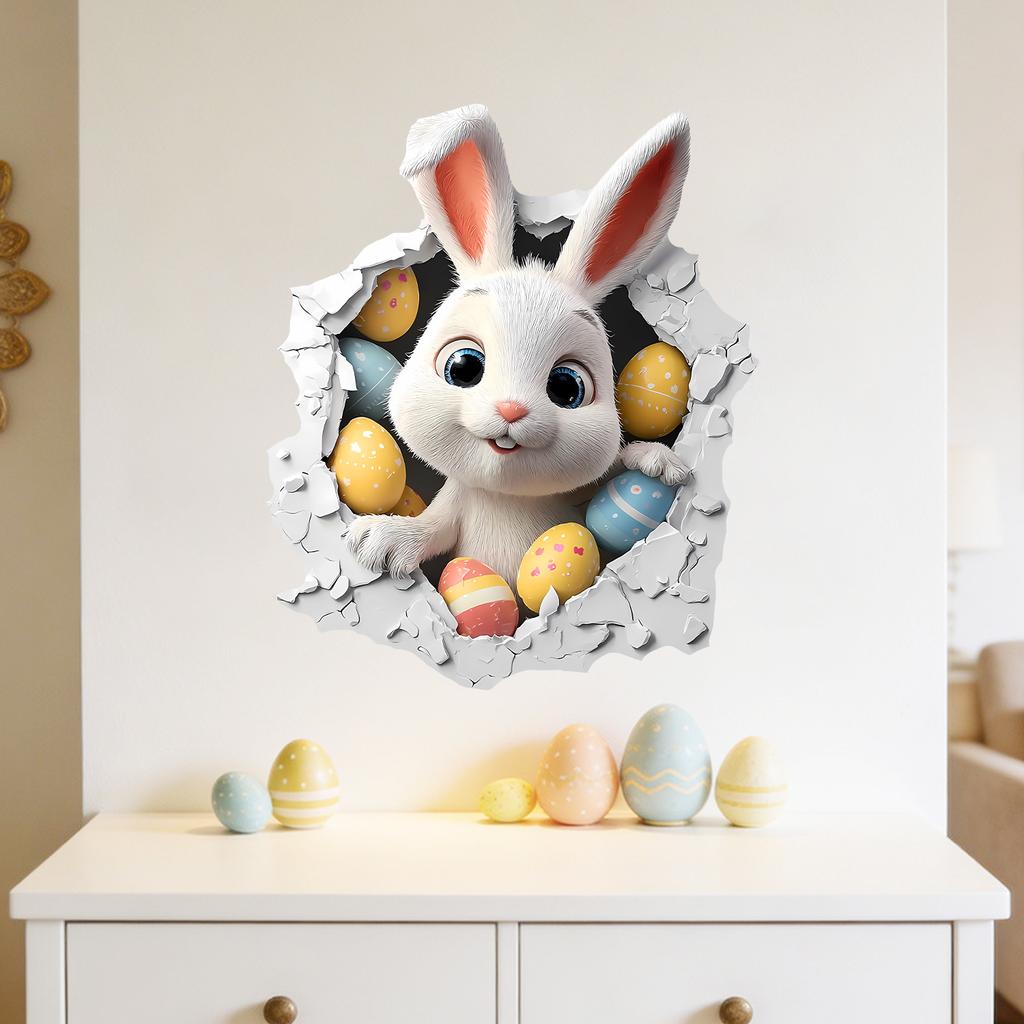 3D Breaking Wall Bunny with Flowers Wall Sticker Self-Adhesive Removable for Kids Room Home Decor