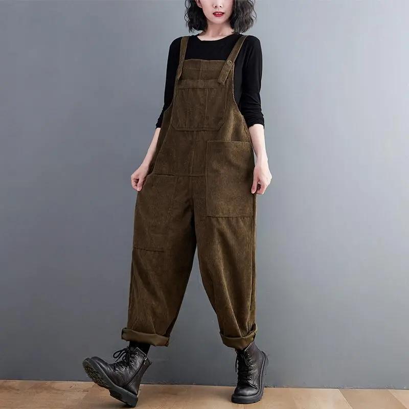 Autumn and Winter Plus Size Women's Casual Straight Wide-leg Corduroy Overalls Trendy All-match Fashion Jumpsuit