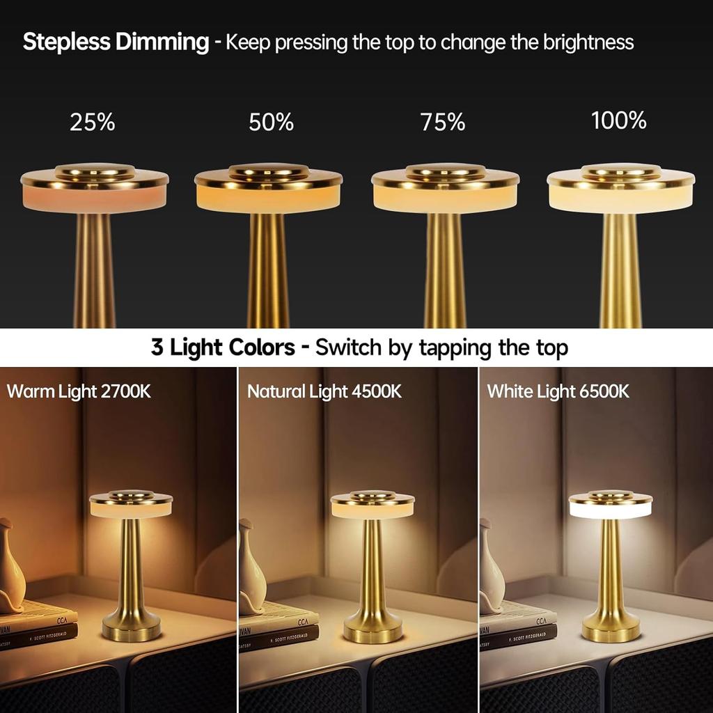 Cordless Table Lamp, Portable LED Desk Lamp, Table Sensor Control Beside Lamps, Kids Night Light with Stepless Dimming & Charging Completed Tip Light