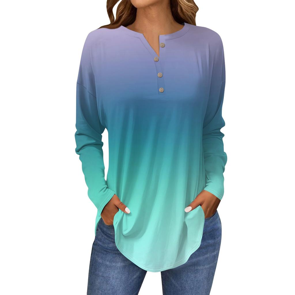 Dámské módní volné tričko s dlouhým rukávem a potiskem na knoflíky a límec