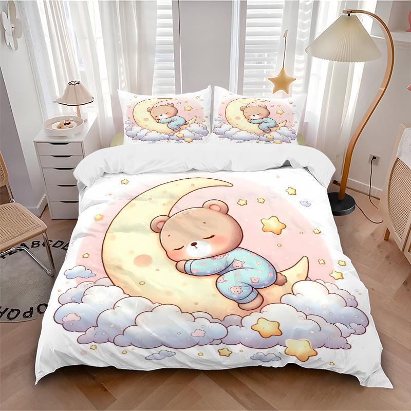 3-teiliges Bären auf dem Mond Bettwäsche-Set - Weich und bequem für Schlafzimmer, Gästezimmer und Wohnheim Dekor Bettwäsche-Set 1 Bettbezug + 2 Kissenbezüge.M012