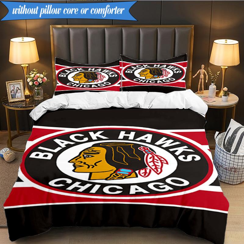 3PCS Chicago-Blackhawks Logo Bedding Set,Including 1pc Duvet Cover And 2pcs Pillowcases Perfect for Bedroom, Dormitory, Fan Christmas Gift