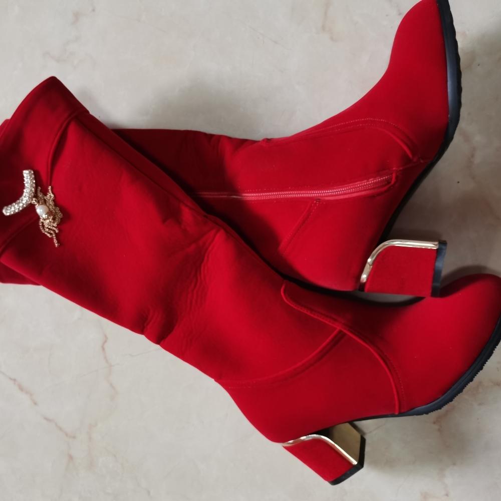 Podzim Zima Kozačky nad koleno Dámské Černé Červené Semišové Dámské Vysoké Boty Luxusní Ležérní Nízký Podpatek Módní Dlouhé Společenské Boty Dámské