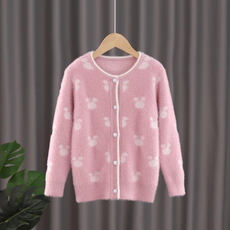 Girls Faux Mink Velvet Cardigan Sweater for Medium/Large Children - Autumn/Winter 2025 Round Neck Knitwear Jacket 160 cm розовый