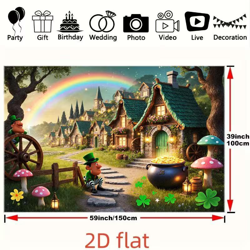2D St. Patrick's Day Backdrop Leprechaun Village Rainbow Photography Background Banner