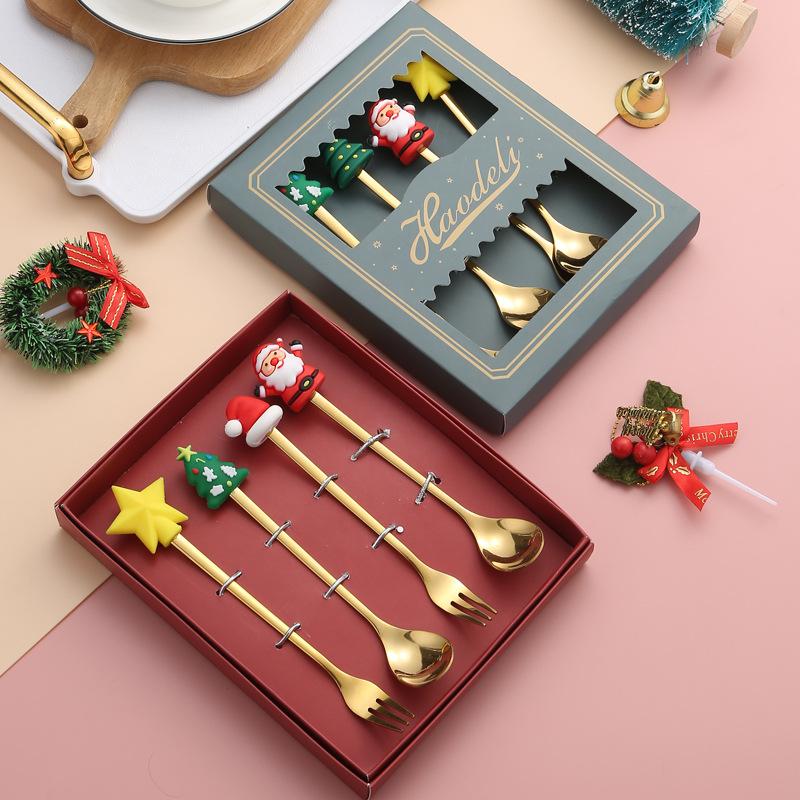 2/4/6Pcs Christmas Fork And Spoon Set,Stainless Steel Creative Tableware,Coffee Tea Dessert Forks And Spoons Gift Set