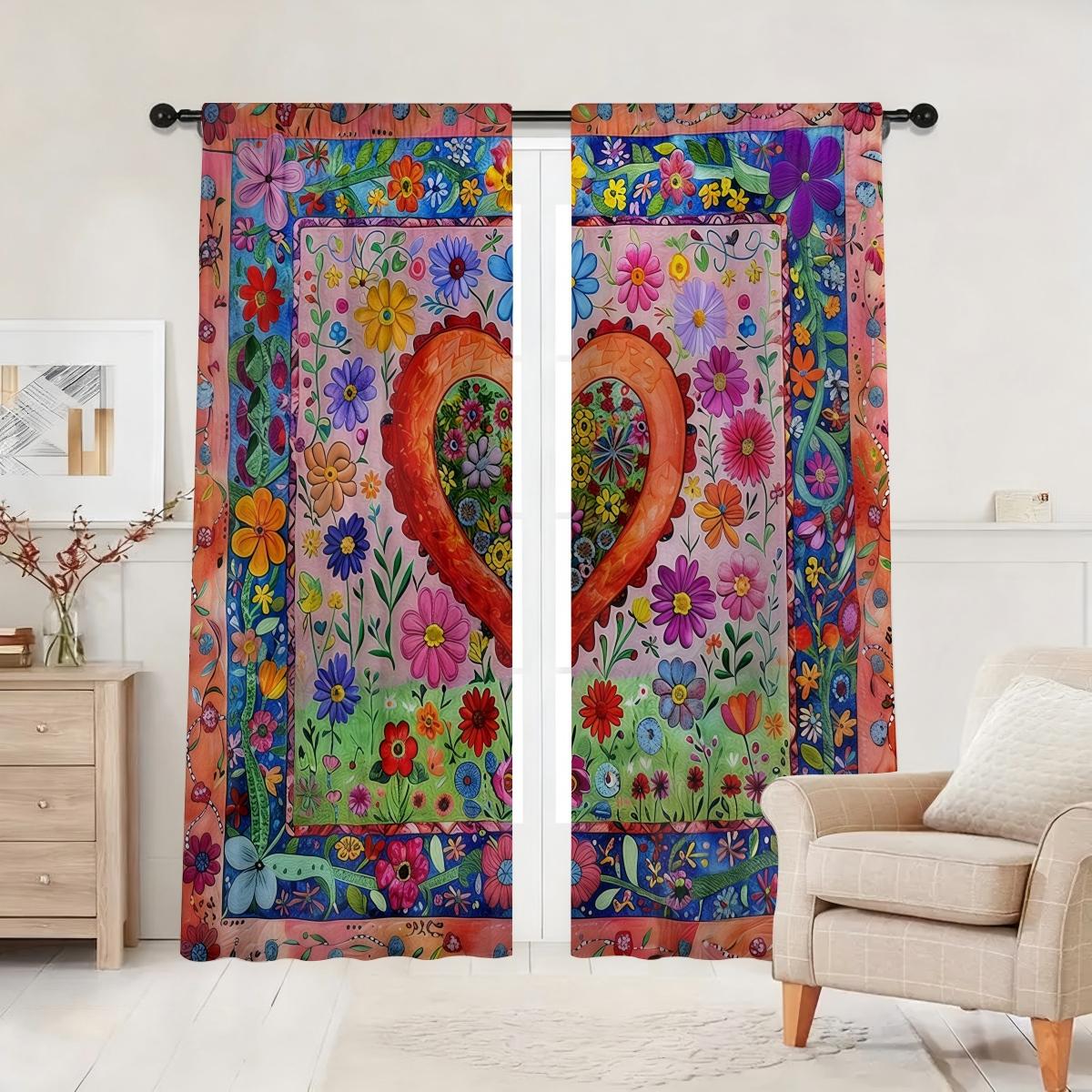 

2pcs Vivid Floral Heart Curtains Rod Pocket Room Darkening Drapes Home Decor for Living Room Bedroom Holiday Window Treatm 100*130 Grommet Top 1pcs