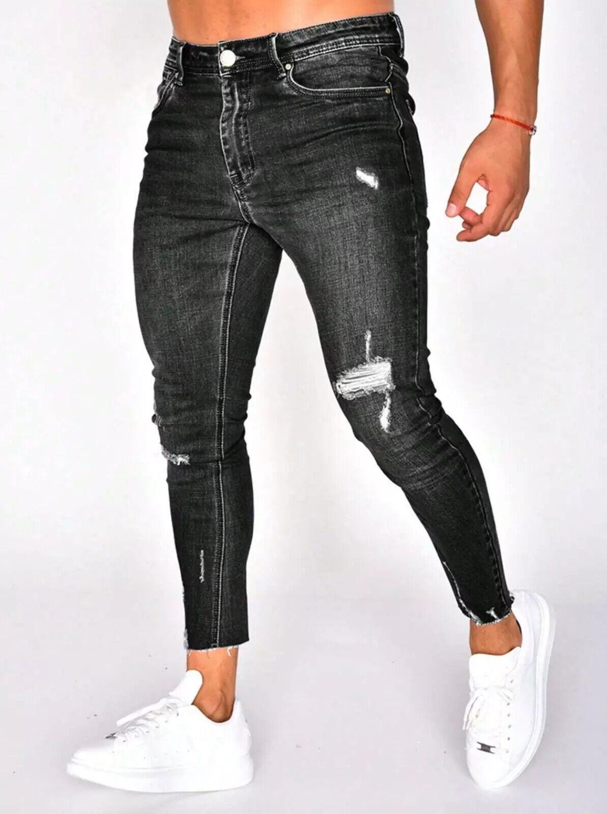 Men S Jeans Casual Slim Fit Men S Clothing Ripped Patch Elastic Small Foot Pants Men S Pants S