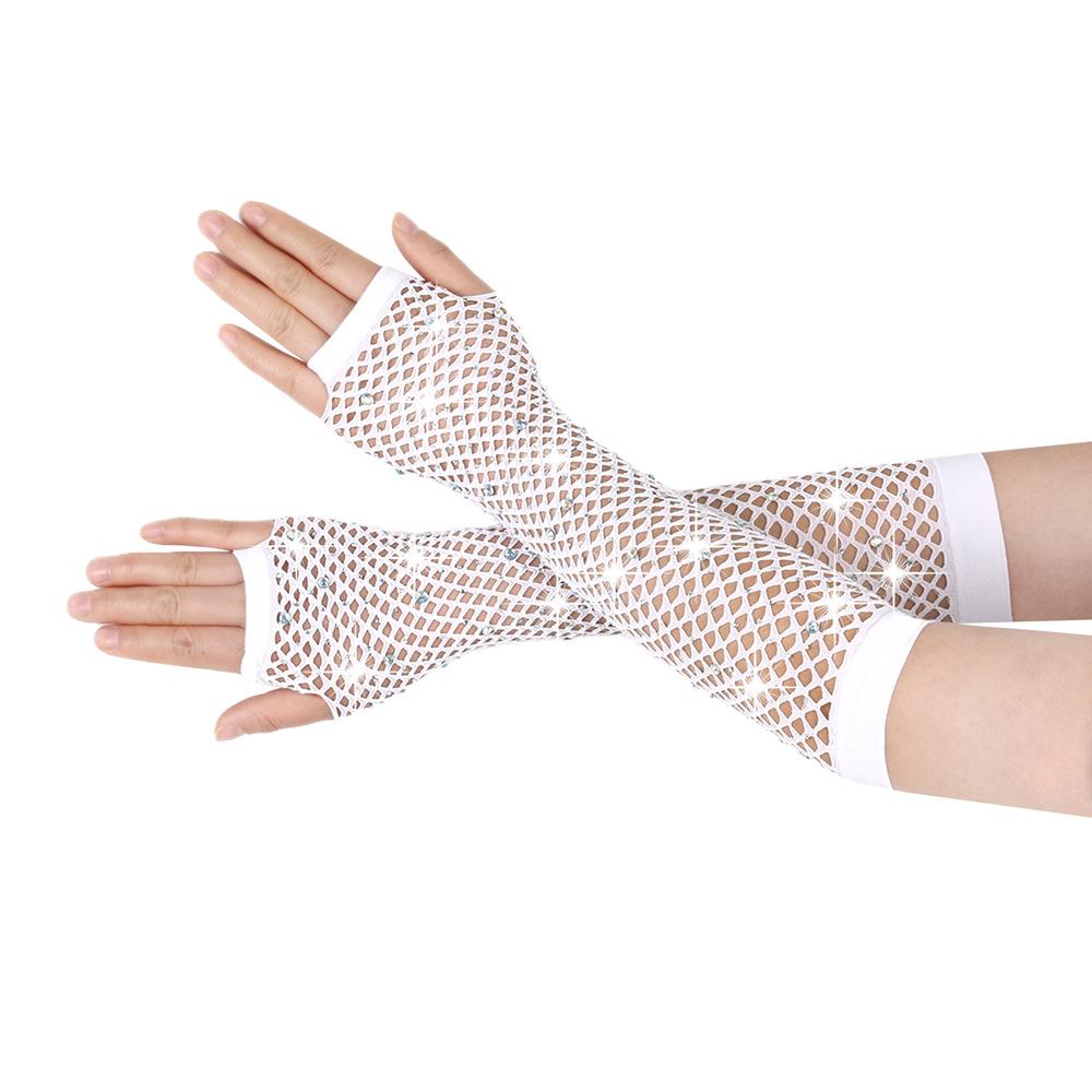 Guantes de diamante para fiesta, red de pesca, guantes de malla elástica, guantes largos sexys de diamante para discoteca retro