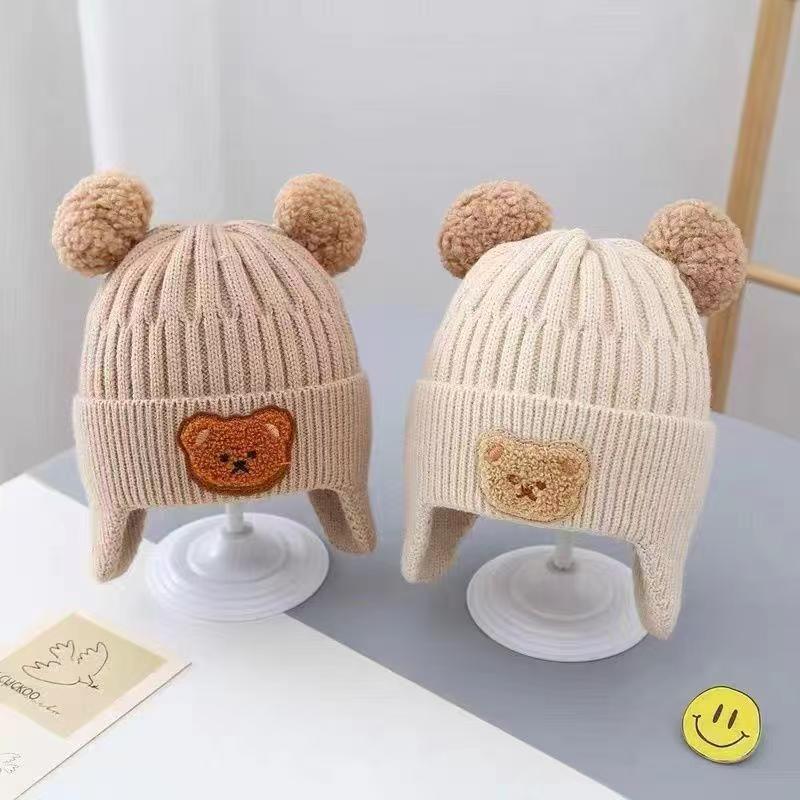 Children's bear ear hat baby cute cartoon double ball knitted velvet thickened windproof warm autumn and winter wool hat