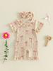 Toddler Girls Floral Print Sleeveless Romper with Ruffled Hem and Matching Headband Set for Summer Outfits
