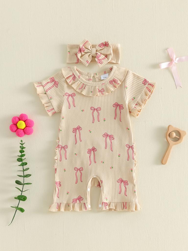 Toddler Girls Floral Print Sleeveless Romper with Ruffled Hem and Matching Headband Set for Summer Outfits