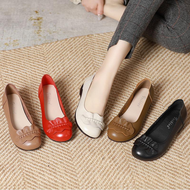 Fashion GKTINOO 2025 New Spring Round Toe Soft Genuine Leather Shoes Flat Shoes Large Size Comfort Soft Sole Women Casual Shoes