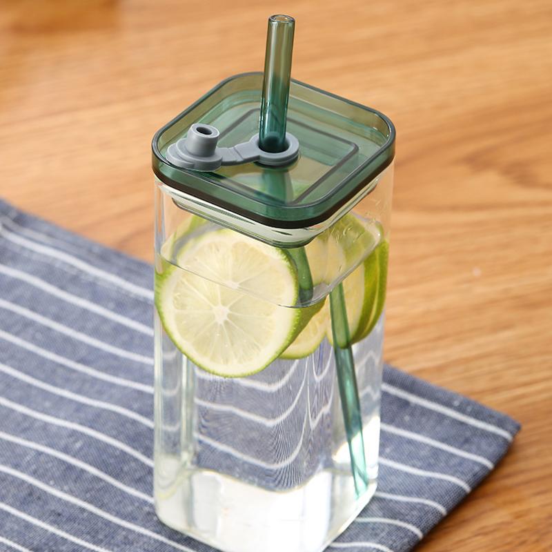 Tasse à café/thé en verre carré 350 ml, bouteille à paille en verre borosilicaté résistant à la chaleur, avec couvercle, paille et brosse de nettoyage
