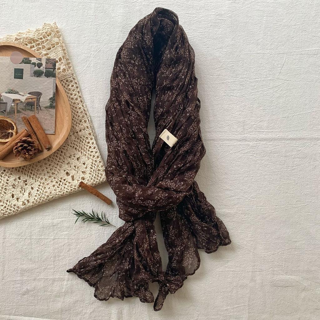 Vreovor Antique Scarf New Autumn And Winter Live Broadcast  Literary Cotton And Linen Retro Flower Crumpled Men Women