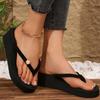 Fashion Women's Flower Decor Med Heel Flip Flops Simple Style Black Wedge Clip Toe Slides Woman Summer Outdoor Med Heel Slippers Mujer