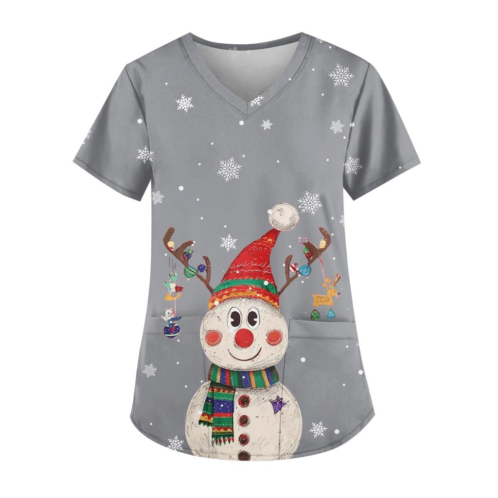 Ladies' Fashionable V-neck Pocket Short Sleeved Christmas Tree Printed Caregiver Uniform