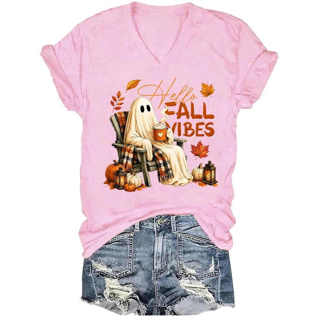 Women's Halloween Print Short Sleeve V-Neck T-Shirt Casual Top