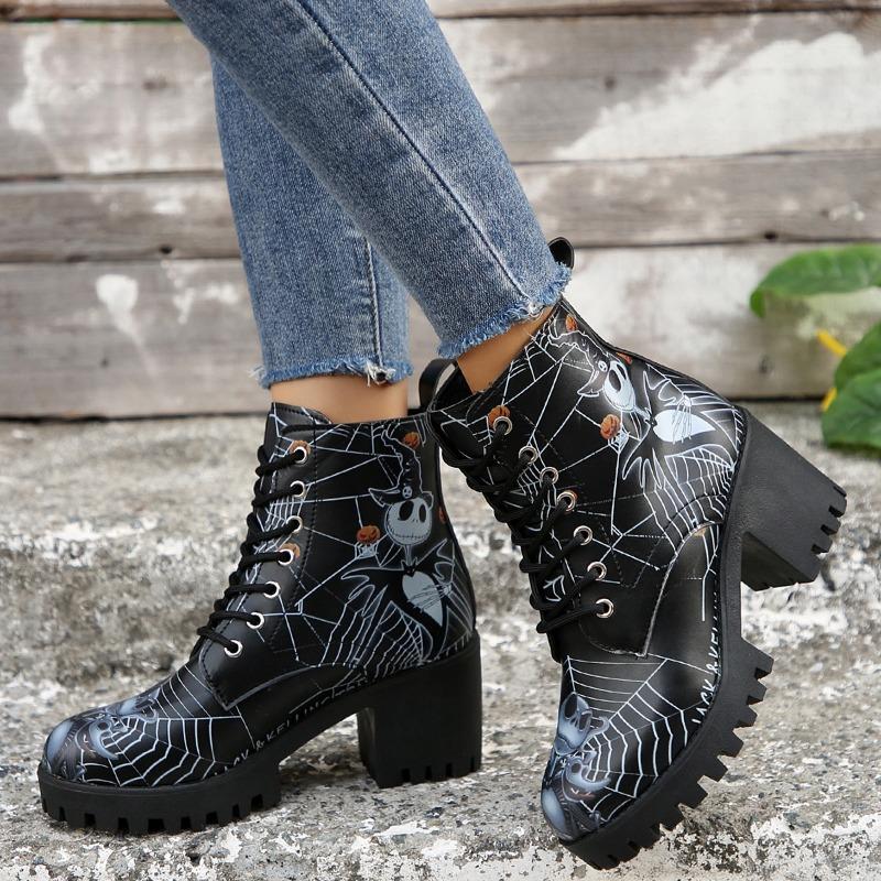 

Halloween Skull High-heeled Short Boots Winter Item Thick Heel Print Design Versatile Fashion Women s Boots Mujer 36