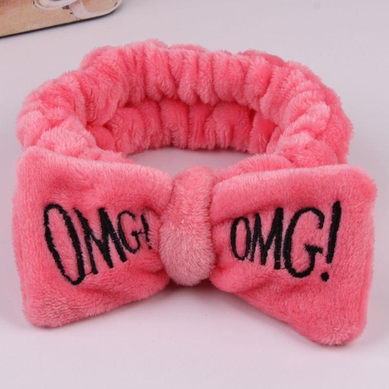Versatile Candy Color Omg Letters Bow Headband Coral Fleece For Daily Facial Routines