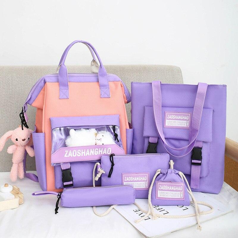 5Pcs/set Canvas School Bags for Teenage Girls 2021 Solid Color Backpacks Women Bookbags College Travel Backpacks Female Rucksack