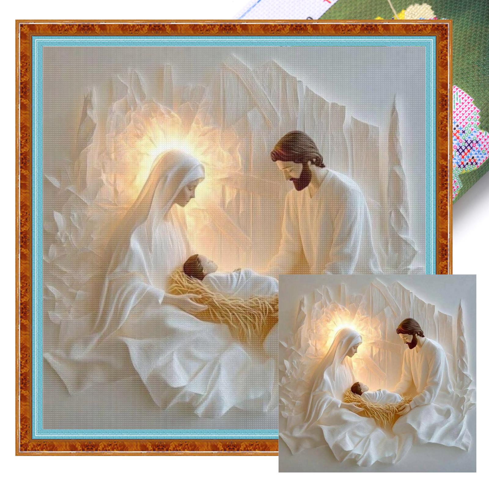 

The Birth of Jesus Full 14CT DIY Stamped Needlework Embroidery Kit 15.75x15.75inch for Beginners Adults Home Decor