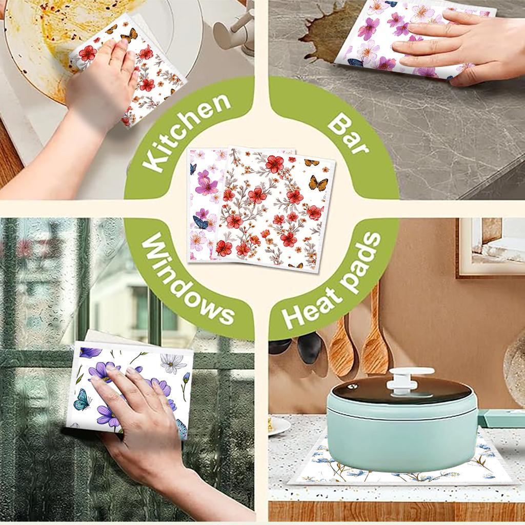 Cleaning Cloth Reusable Kitchen Dish Towels Eco-friendly Microfiber Colorful Floral Pattern Dishcloths Lint Free Washable Duster Rags Tea Towels