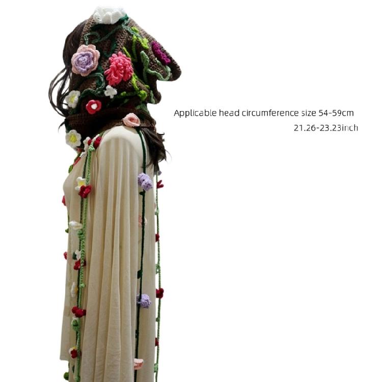Ladies Forest Style Flower Blossomed Hooded Hat Large Brimmed Warm Headgear Knitted Hat Handmade Crochet Capelet