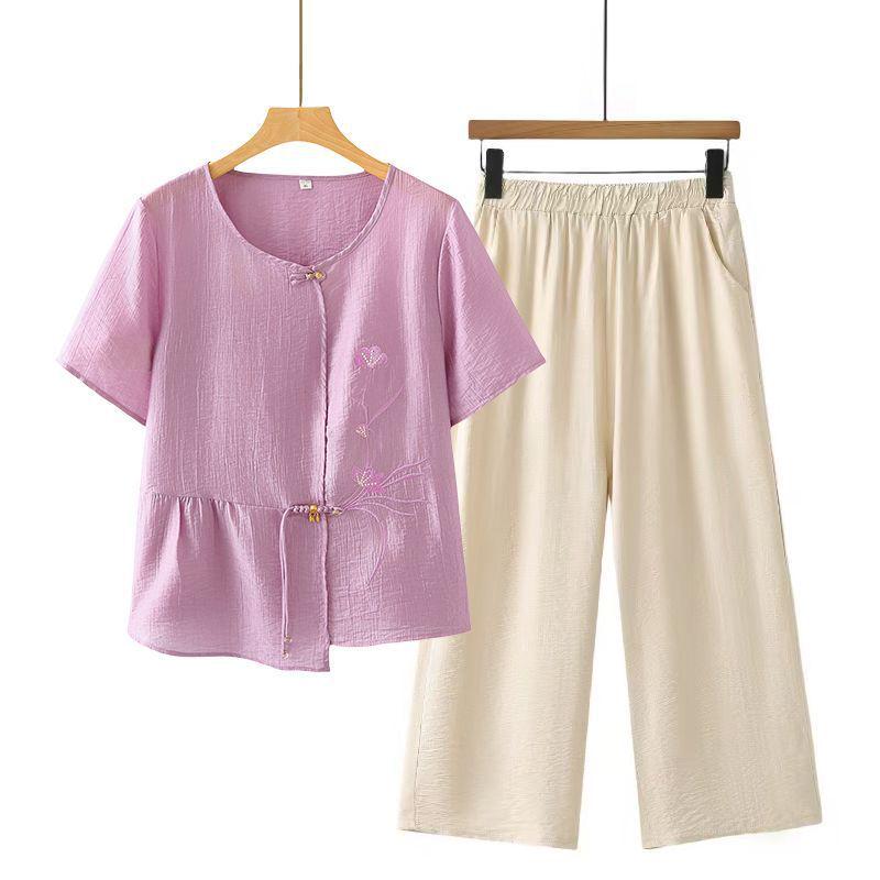 New Summer Short-Sleeve T-Shirt Set for Middle-Aged Women, Plus Size, Two-Piece Outfit, Modern Style for Mothers and Elderly Women