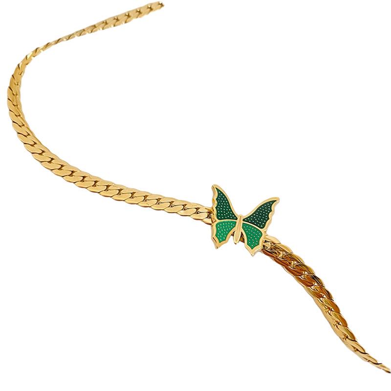 Retro Green Butterfly Cuban Chain Choker Necklace - Gold Plated Women's Accessory.