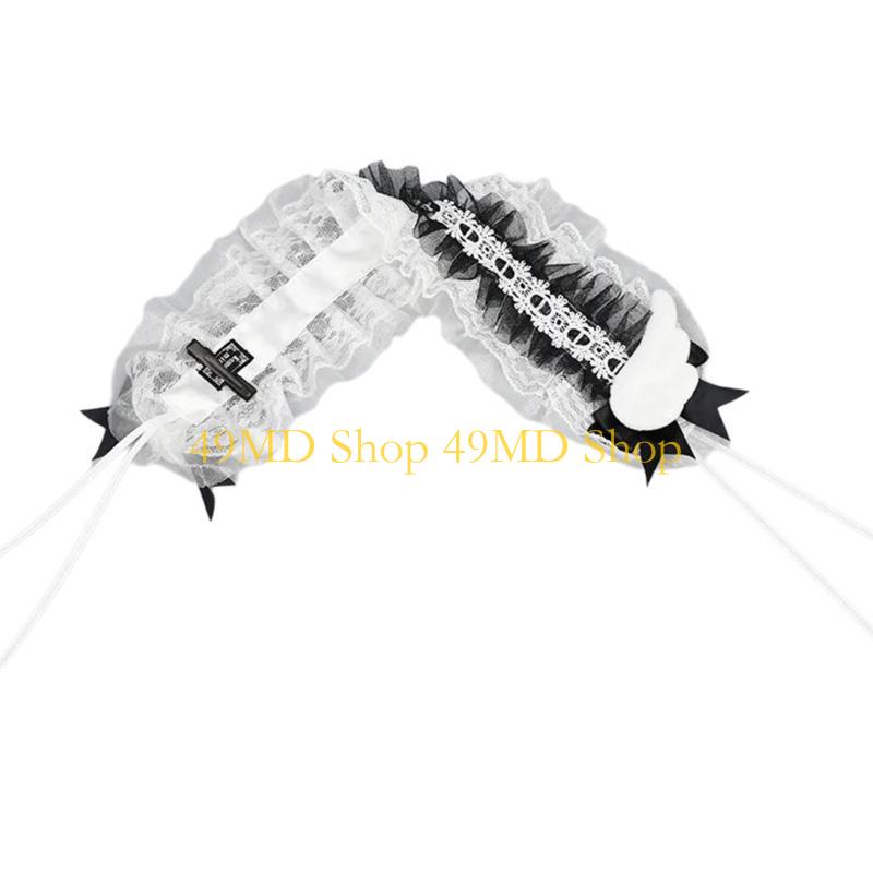 49MD Womens Gothic Bows Lace Hairband Flouncing Maid Hair Ornaments Photo Props
