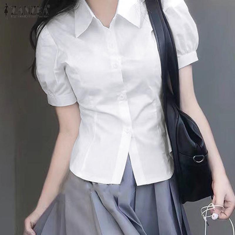 

ZANZEA Женская повседневная тонкая летняя блузка с коротким рукавом и отложным воротником