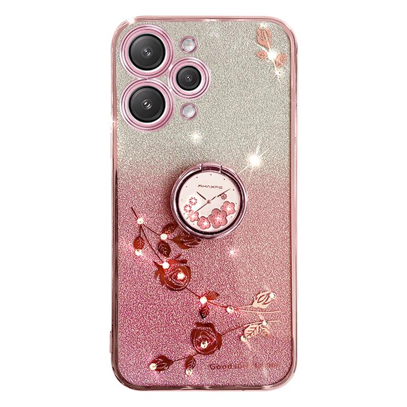 

KADEM For Xiaomi Redmi 12 5G (Global)/Note 12R 5G/Poco M6 Pro 5G Cellphone Case with Ring Kickstand Glitter Flower Pattern TPU Cover Rose Gold
