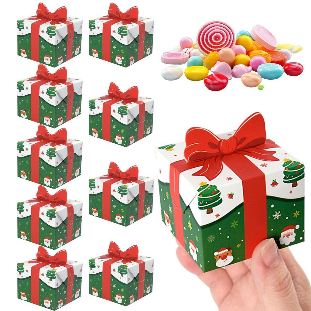 10pcs/pack 3D Christmas Gift Box Red Bow Christmas Gift Packaging Paper Box Mini Christmas Folding Gift Container For Chocolate