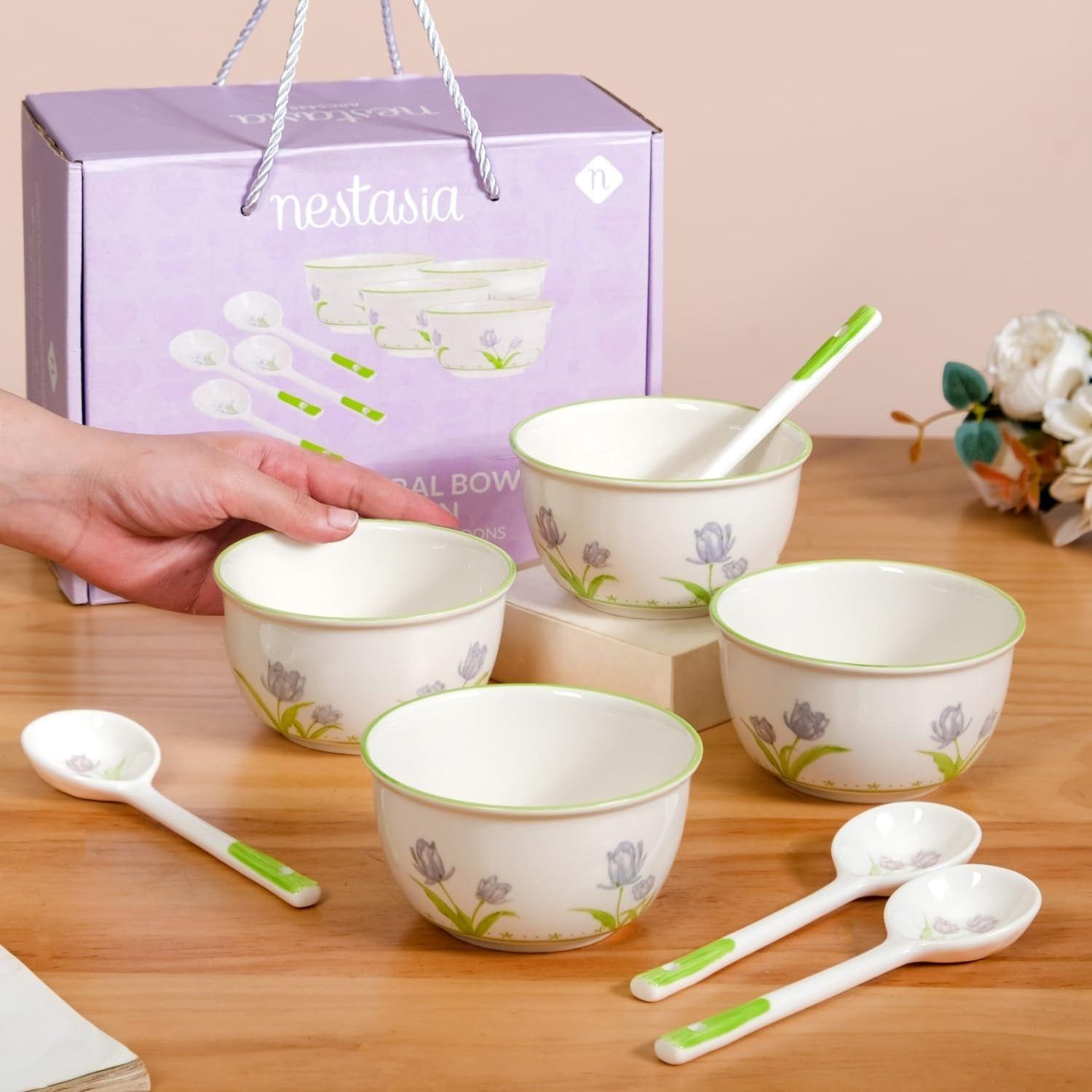 

Набор из 4 керамических суповых мисок с ложками (400мл) - Миска, безопасная для микроволновой печи, для подачи супа, карри, дала, заварного крема, кира и десерта | Набор мисок с цветочным дизайном